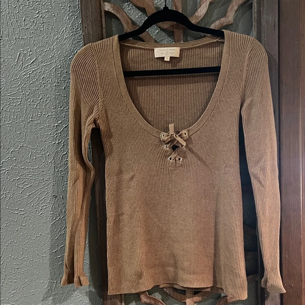 Sezane Soizic Cotton & Wool Ruffle Sleeve Ribbed Sweater - Picture 2 of 5